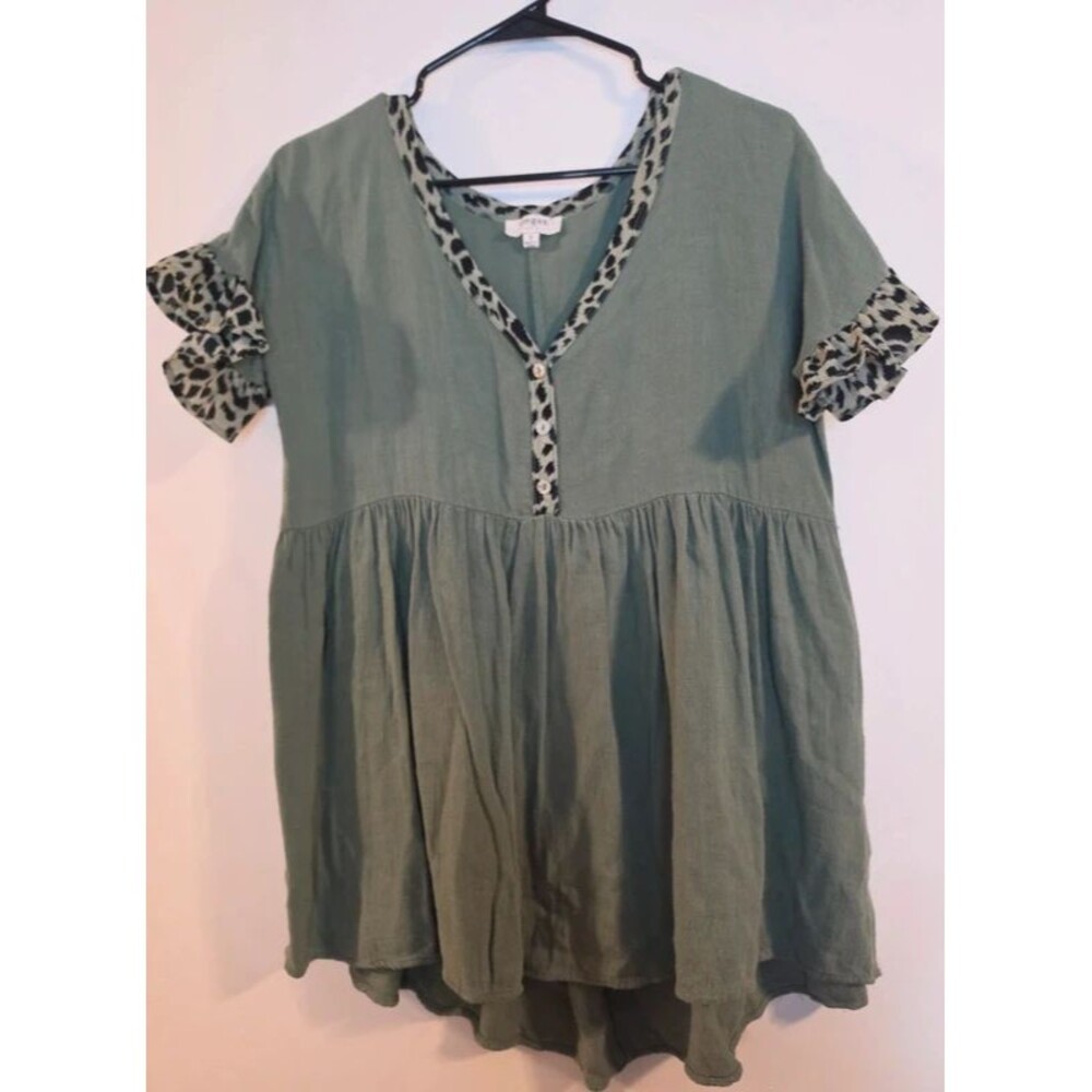 Umgee Small Olive Green Babydoll Top with Leopard Trim